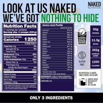 Naked Mass - Natural Weight Gainer Protein Powder - 8 LB Bulk, GMO Free, Gluten Free & Soy Free. No Artificial Ingredients - 1,250 Calories per Serving