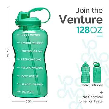 Venture Pal Large 1 Gallon/128 OZ (When Full) Motivational BPA Free Leakproof Water Bottle with Straw & Time Marker Perfect for Fitness Gym Camping Outdoor Sports-Green