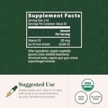 Global Healing Center - USDA Organic Vitamin D3 5000IU Liquid Supplement Drops for Women & Men - Non-GMO Helps Support Bones & Immune System, Vegan-Friendly Formula Delivers Active Form of Vitamin D
