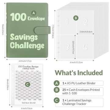 SKYDUE 100 Envelopes Money Saving Challenge Binder, Savings Challenges Book with Cash Envelopes, Bud...