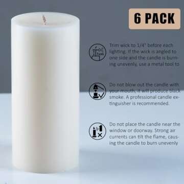 Unscented Pillar Candles Set of 6, Ivory Pillar Candles Bulk (2.8x4 inch) Dripless and Smokeless Candles, 50-Hour Burning Time Large Pillars Candles for Dinner Table, Christmas and Home Decor