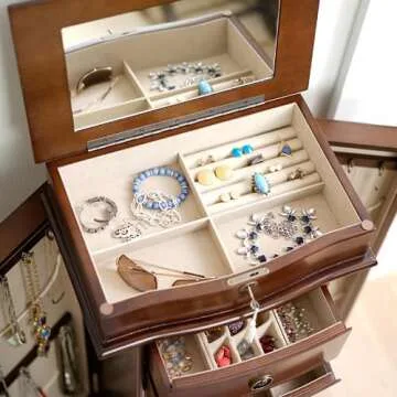 Hives and Honey Noelle Standing Jewelry Armoire Cabinet, Locking Jewelry Storage Organizer with Top Flip Mirror, 7 Drawers, Jewelry Chest Armoire, Jewelry Box for Necklace, Earring, Bracelet, Walnut