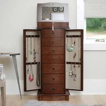 Hives and Honey Noelle Standing Jewelry Armoire Cabinet, Locking Jewelry Storage Organizer with Top Flip Mirror, 7 Drawers, Jewelry Chest Armoire, Jewelry Box for Necklace, Earring, Bracelet, Walnut