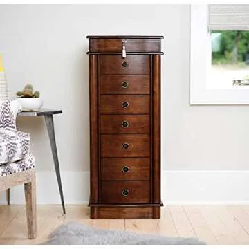 Hives and Honey Noelle Standing Jewelry Armoire Cabinet, Locking Jewelry Storage Organizer with Top Flip Mirror, 7 Drawers, Jewelry Chest Armoire, Jewelry Box for Necklace, Earring, Bracelet, Walnut