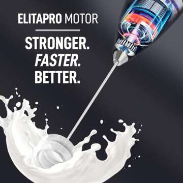 ElitaPro Powerful Milk Frother Wand - Handheld Coffee Frother - Mini Foam Maker With Stand - Whisk Drink Mixer & Foamer for Coffee, Latte, Cappuccino, Frappe, Matcha, Hot Chocolate (Black)