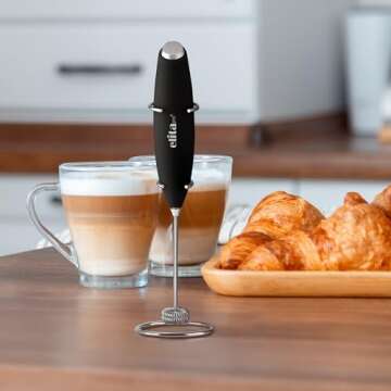 ElitaPro Powerful Milk Frother Wand - Handheld Coffee Frother - Mini Foam Maker With Stand - Whisk Drink Mixer & Foamer for Coffee, Latte, Cappuccino, Frappe, Matcha, Hot Chocolate (Black)