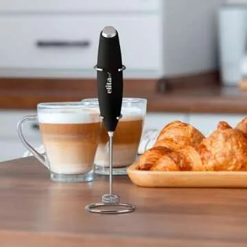 ElitaPro Powerful Milk Frother Wand - Handheld Coffee Frother - Mini Foam Maker With Stand - Whisk Drink Mixer & Foamer for Coffee, Latte, Cappuccino, Frappe, Matcha, Hot Chocolate (Black)