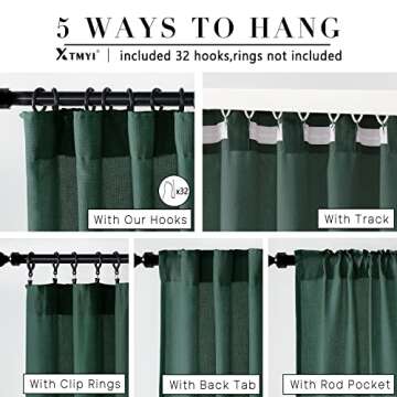 XTMYI Forest Green Curtains 96 Inches Long for Living Room,Light Filtering Back Tab Hooks Pleated Semi Sheer Dark Academia Curtains for Room Decor Bedroom 96 Length 2 Panels