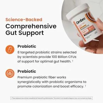 Ombre Healthy Gut Probiotics for Digestive Health 100 Billion CFU - Prebiotics and Probiotics for Women & Men with Lactobacillus Acidophilus & Digestive Enzymes, Gut Health Support, Vegan, 30 Servings