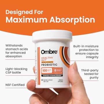 Ombre Healthy Gut Probiotics for Digestive Health 100 Billion CFU - Prebiotics and Probiotics for Women & Men with Lactobacillus Acidophilus & Digestive Enzymes, Gut Health Support, Vegan, 30 Servings