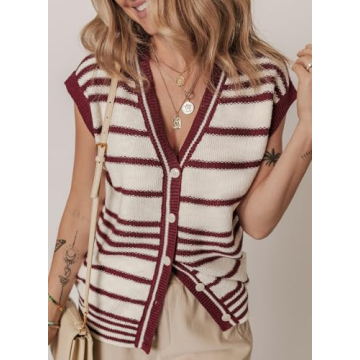 Dokotoo Vest Tops for Women Striped Button Women Vest Trendy Spring Outfits for Women 2025 Sweater Vest Women Red Small