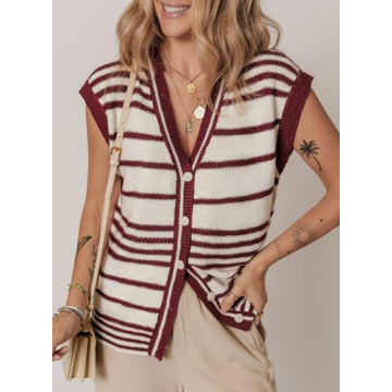 Dokotoo Vest Tops for Women Striped Button Women Vest Trendy Spring Outfits for Women 2025 Sweater Vest Women Red Small