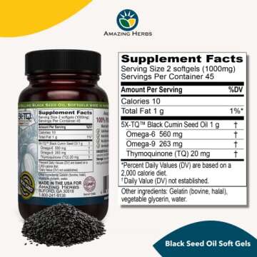Amazing Herbs Premium Black Seed Oil Capsules - Cold Pressed Nigella Sativa Aids in Digestive Health...