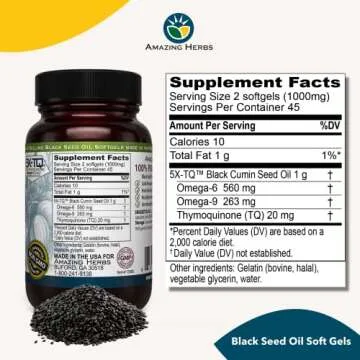 Amazing Herbs Premium Black Seed Oil Capsules - Cold Pressed Nigella Sativa Aids in Digestive Health...