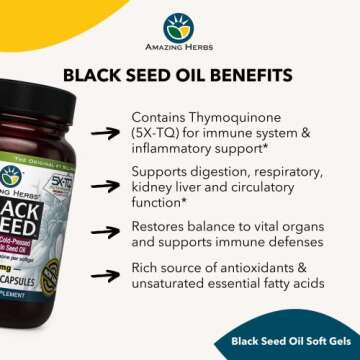 Amazing Herbs Premium Black Seed Oil Capsules - Cold Pressed Nigella Sativa Aids in Digestive Health, Immune Support, Brain Function, Gluten Free, Non GMO - 90 Count, 500mg
