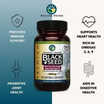 Amazing Herbs Premium Black Seed Oil Capsules - Cold Pressed Nigella Sativa Aids in Digestive Health, Immune Support, Brain Function, Gluten Free, Non GMO - 90 Count, 500mg