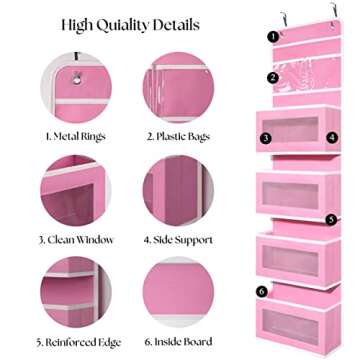 Over Door Organizer with 4 Large Capacity Pockets, Hanging Organizer Storage for Closet Bathroom Nursery Bedroom Dorm, Toys Cosmetics Sundries and Baby Essentials, Pink