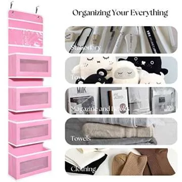 Over Door Organizer with 4 Large Capacity Pockets, Hanging Organizer Storage for Closet Bathroom Nursery Bedroom Dorm, Toys Cosmetics Sundries and Baby Essentials, Pink