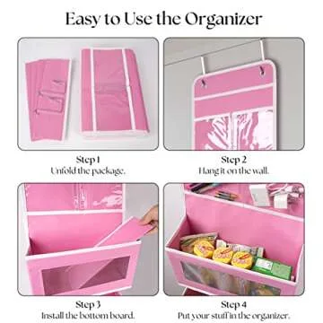 Over Door Organizer with 4 Large Capacity Pockets, Hanging Organizer Storage for Closet Bathroom Nursery Bedroom Dorm, Toys Cosmetics Sundries and Baby Essentials, Pink