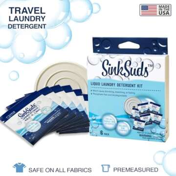 SinkSuds Laundry Detergent Travel Size Liquid Soap TSA Compliant Safe for All Fabrics 6 Packets & 1 ...