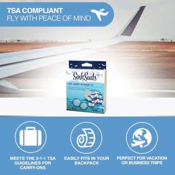 SinkSuds Laundry Detergent Travel Size Liquid Soap TSA Compliant Safe for All Fabrics 6 Packets & 1 Sink Stopper