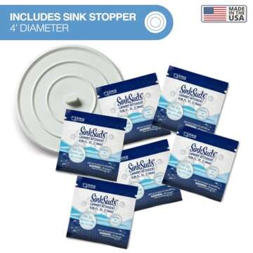 SinkSuds Laundry Detergent Travel Size Liquid Soap TSA Compliant Safe for All Fabrics 6 Packets & 1 Sink Stopper