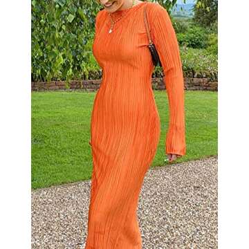 Annystore Women's Long Sleeve Loose Dress Pleated Crew Neck Slim Bodycon Plain Casual Maxi Dresses Cocktail Party Clubwear Orange M