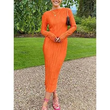Annystore Women's Long Sleeve Loose Dress Pleated Crew Neck Slim Bodycon Plain Casual Maxi Dresses Cocktail Party Clubwear Orange M