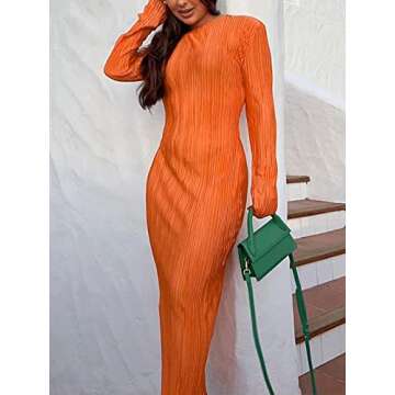 Annystore Women's Long Sleeve Loose Dress Pleated Crew Neck Slim Bodycon Plain Casual Maxi Dresses Cocktail Party Clubwear Orange M