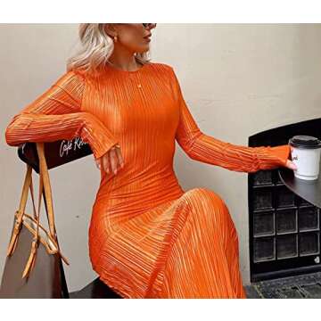 Annystore Women's Long Sleeve Loose Dress Pleated Crew Neck Slim Bodycon Plain Casual Maxi Dresses Cocktail Party Clubwear Orange M