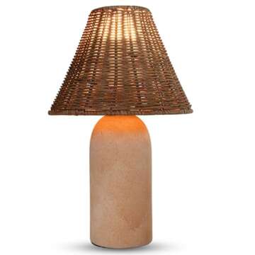 ora bamboo Handmade Ceramic Small Table Lamp with Rattan Shade, Dimmable Feature, and Included Bulb ...