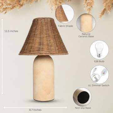 ora bamboo Handmade Ceramic Small Table Lamp with Rattan Shade, Dimmable Feature, and Included Bulb – UL Certified Rustic Boho Lighting for Bedroom, Living Room, or Nightstand Décor