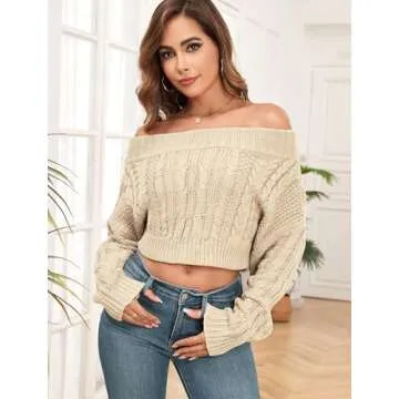 ZAFUL Women's Off Shoulder Cable Knit Crop Top Sweater - Long Sleeve Pullover with Batwing Sleeves