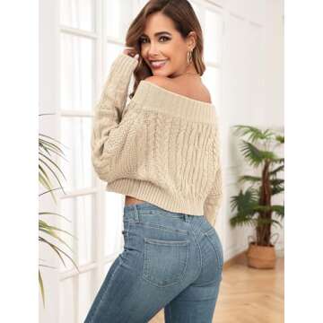 ZAFUL Women's Off Shoulder Cable Knit Crop Top Sweater - Long Sleeve Pullover with Batwing Sleeves