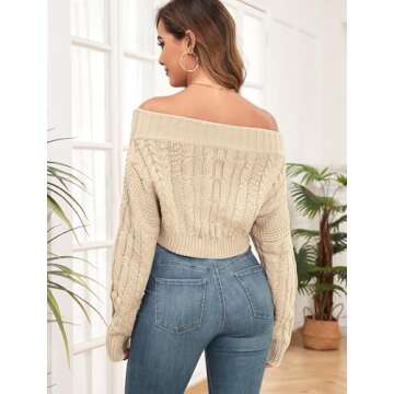 ZAFUL Women's Off Shoulder Cable Knit Crop Top Sweater - Long Sleeve Pullover with Batwing Sleeves
