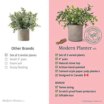 Modern Planter Fake Potted Plants Decor (3 set) - Farmhouse Plants up to 12"- Use Fake Plants for Shelves, Fake Desk Plants or Desk Decor. Faux Potted Plant for Farmhouse Office Decor, Bathroom Plants