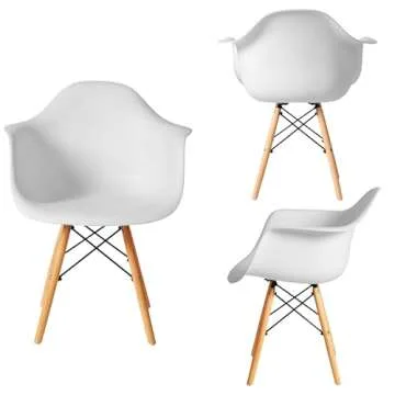 CangLong Natural Wood Legs Mid Century Modern Molded Shell Lounge Plastic Arm Chair for Living, Bedroom, Kitchen, Dining, Waiting Room, Set of 1, White