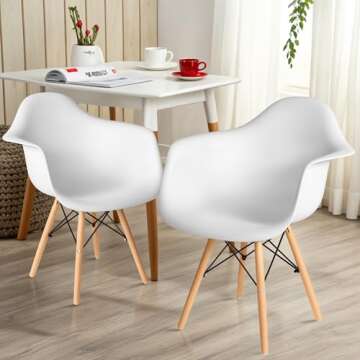 CangLong Natural Wood Legs Mid Century Modern Molded Shell Lounge Plastic Arm Chair for Living, Bedroom, Kitchen, Dining, Waiting Room, Set of 1, White