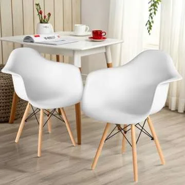 CangLong Natural Wood Legs Mid Century Modern Molded Shell Lounge Plastic Arm Chair for Living, Bedroom, Kitchen, Dining, Waiting Room, Set of 1, White