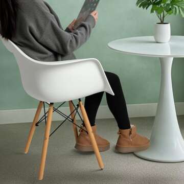 CangLong Natural Wood Legs Mid Century Modern Molded Shell Lounge Plastic Arm Chair for Living, Bedroom, Kitchen, Dining, Waiting Room, Set of 1, White