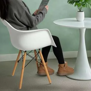 CangLong Natural Wood Legs Mid Century Modern Molded Shell Lounge Plastic Arm Chair for Living, Bedroom, Kitchen, Dining, Waiting Room, Set of 1, White