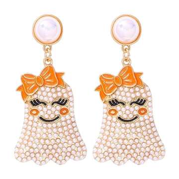 Cute Halloween Ghost Beaded Dangle Earrings Colorful Rhinestone Pearl Beaded Earrings for Women Jewe...