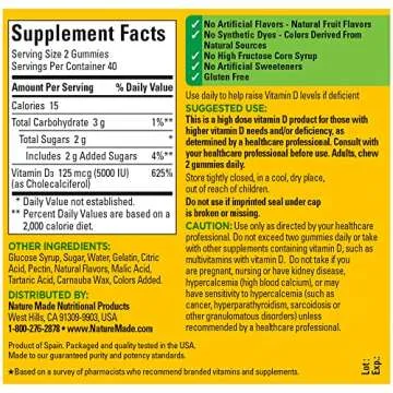 Nature Made Extra Strength Vitamin D3 5000 IU (125 mcg) per serving, Dietary Supplement for Bone, Teeth, Muscle and Immune Health Support, 80 Gummies, 40 Day Supply