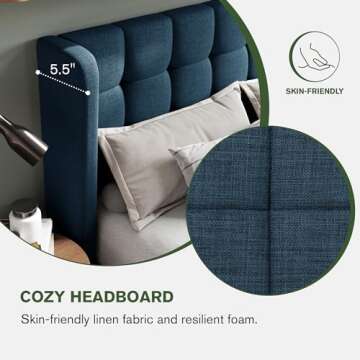 MUTICOR King Size Bed Frame with Wingback Headboard, Square Stitched Design, Wooden Slats Support, Easy Assembly, Navy Blue