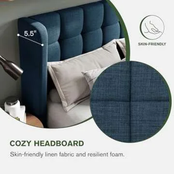 MUTICOR King Size Bed Frame with Wingback Headboard, Square Stitched Design, Wooden Slats Support, Easy Assembly, Navy Blue