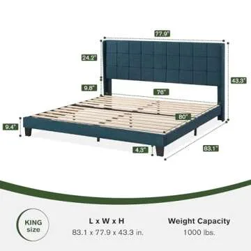 MUTICOR King Size Bed Frame with Wingback Headboard, Square Stitched Design, Wooden Slats Support, Easy Assembly, Navy Blue