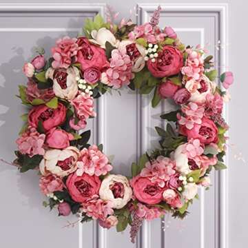 Wreath 26 Inches - Peony Flower Spring Wreaths for Front Door Outside - Summer Floral Bud Wreath -Handmade Door Wreaths,Pink&Purple&Green