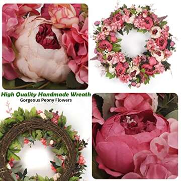 Wreath 26 Inches - Peony Flower Spring Wreaths for Front Door Outside - Summer Floral Bud Wreath -Handmade Door Wreaths,Pink&Purple&Green