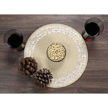 ALPHA Living HOME Elegant Beaded Placemat – 13" Round Dining Mat in Ivory with Handcrafted Glass B...