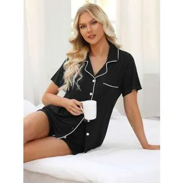 Samring Women's Summer Short Sleeve Pajama Set Black M